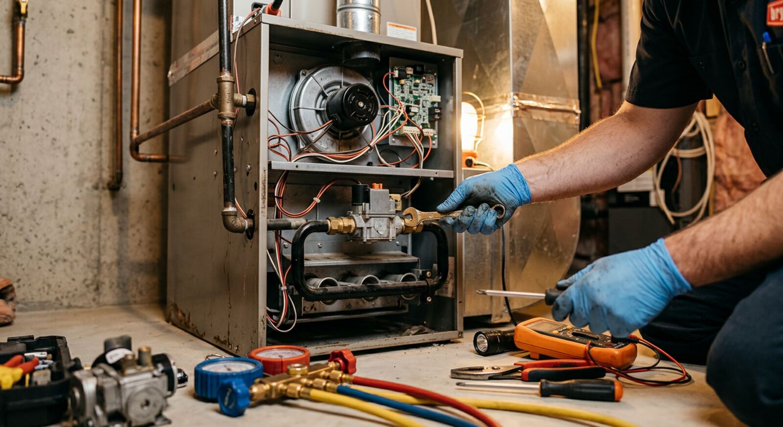 Close-up of a furnace being serviced