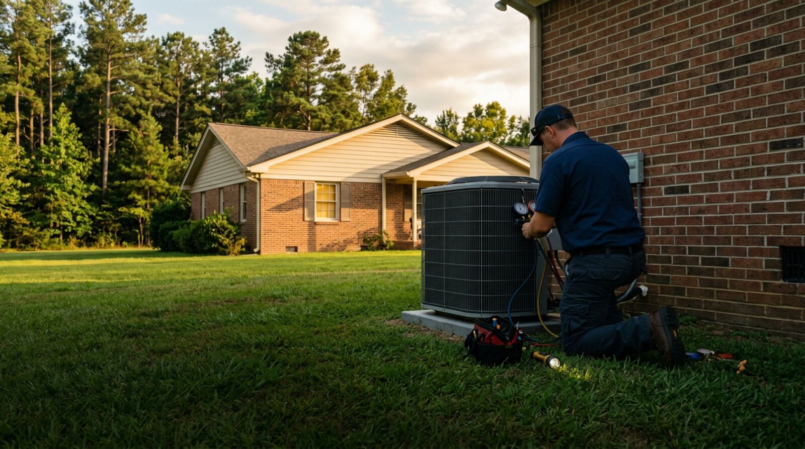 A technician servicing an AC condenser beside a brick home