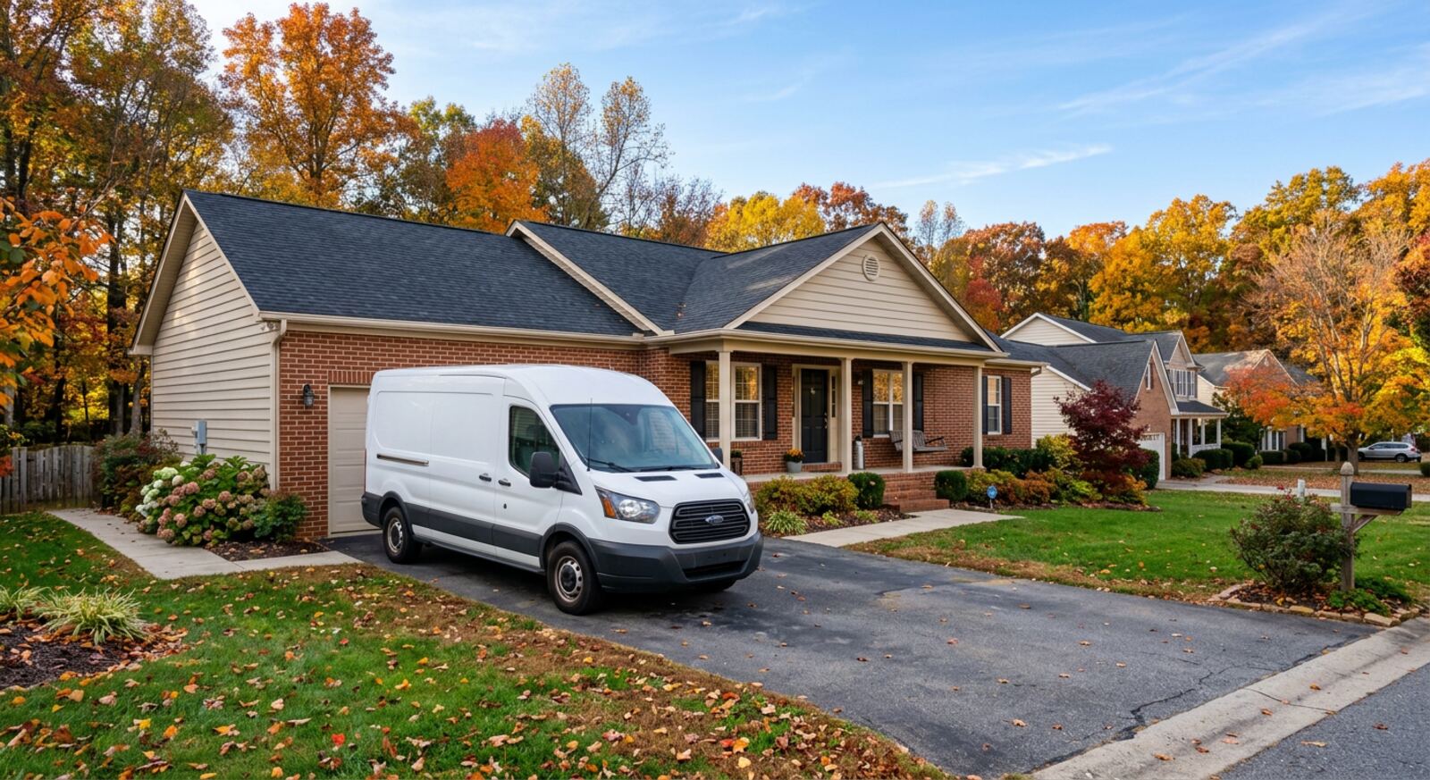 A service van parked in a home's driveway